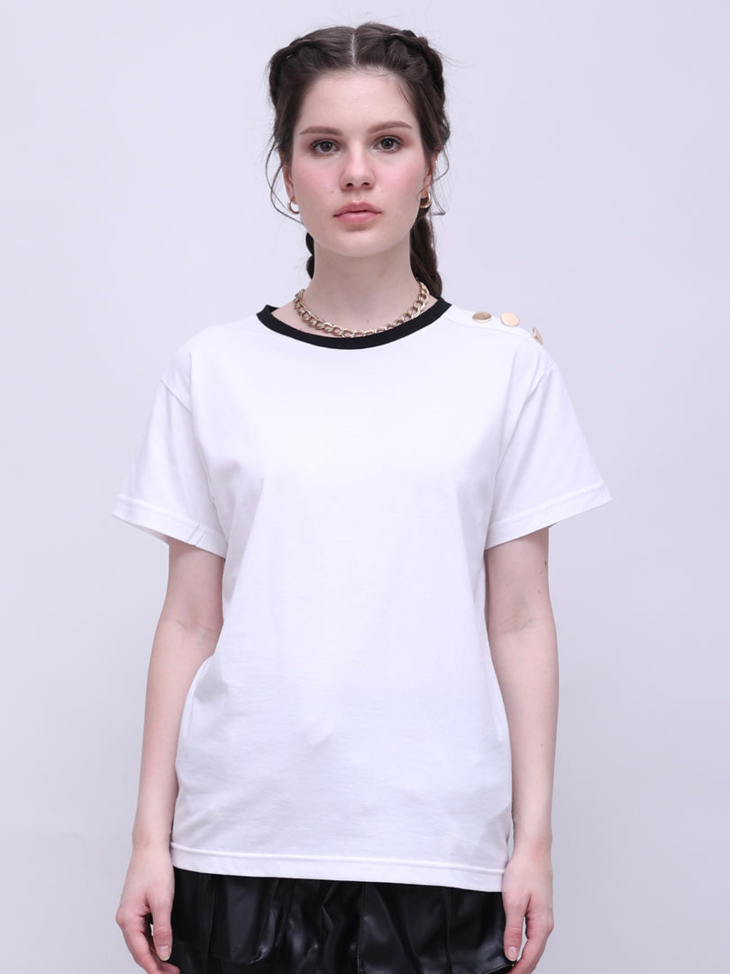 ZAPPI Reverse Button T-Shirt White