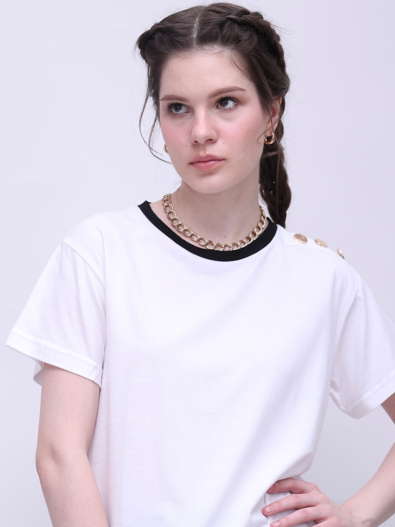 ZAPPI Reverse Button T-Shirt White